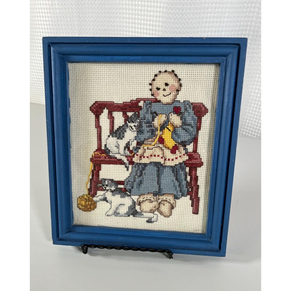 "The Knitter" Primitive Rag Doll and Cats Framed Counted Cross Stitch Picture